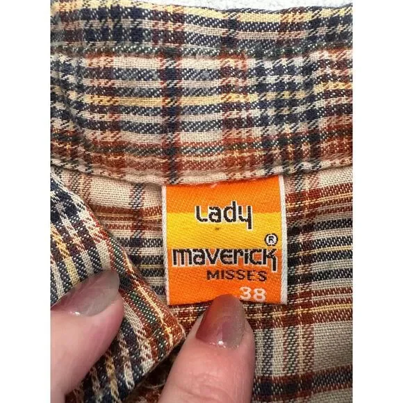 Lady Maverick Vintage Brown Plaid Shirt Pearl Snap Buttons Size Medium 38 - Picture 3 of 7